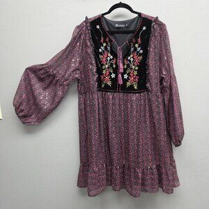 New York & Company Dress Womens 2XL Black Pink Floral Boho Peasant Tunic Mini